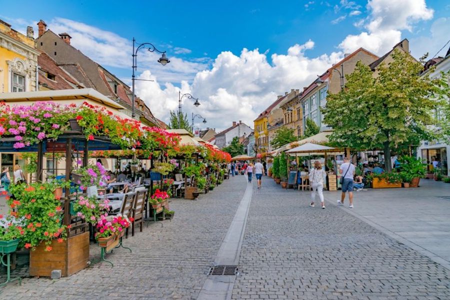 Rue Nicolae Bălcescu à Sibiu, Roumanie, avec ses terrasses et fleurs en été.