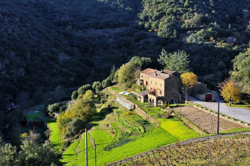 Vue aérienne d'une maison en pierre traditionnelle nichée dans les montagnes verdoyantes des Cévennes, entourée de champs cultivés et de forêts denses.