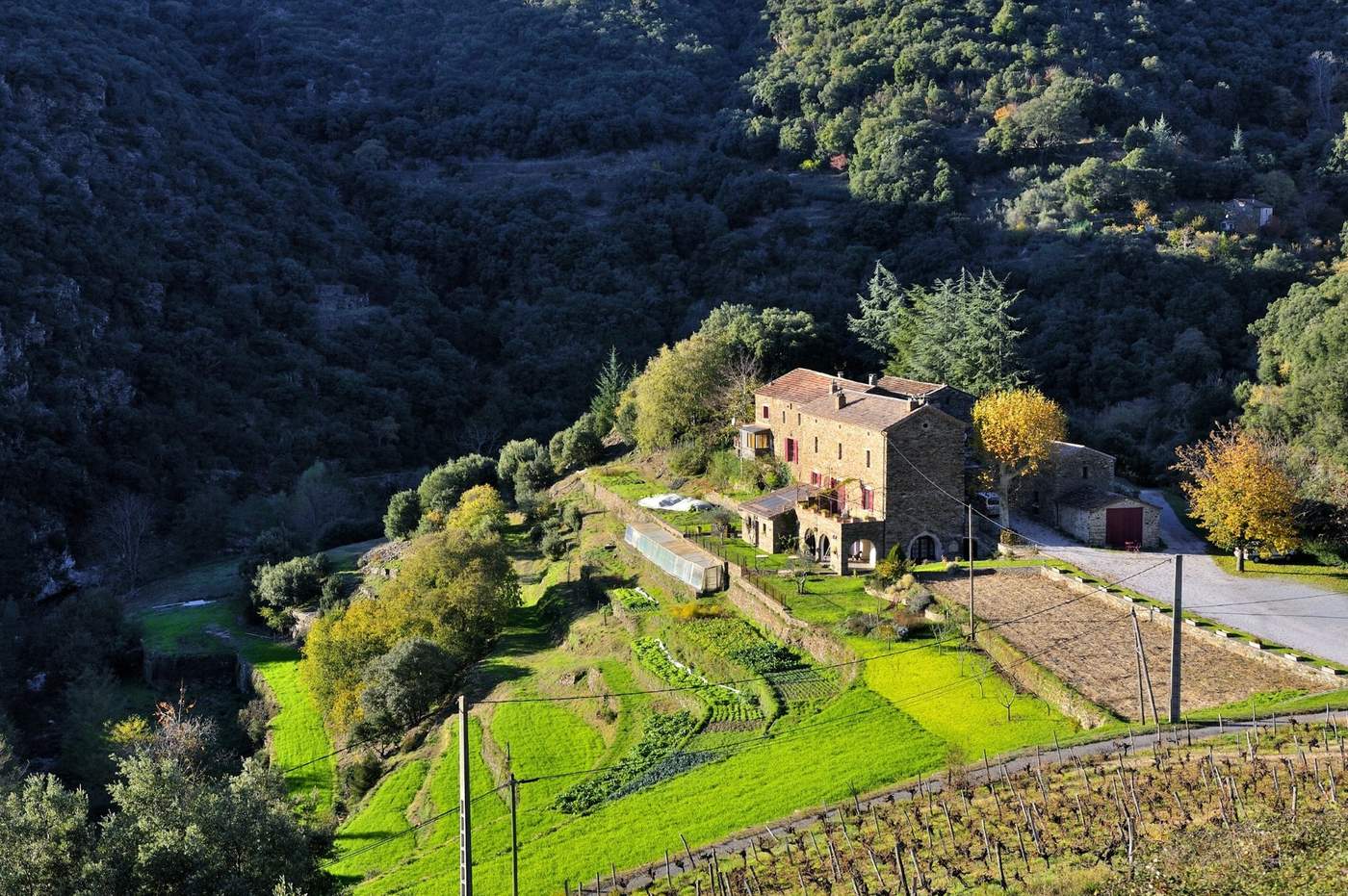 Vue aérienne d'une maison en pierre traditionnelle nichée dans les montagnes verdoyantes des Cévennes, entourée de champs cultivés et de forêts denses.
