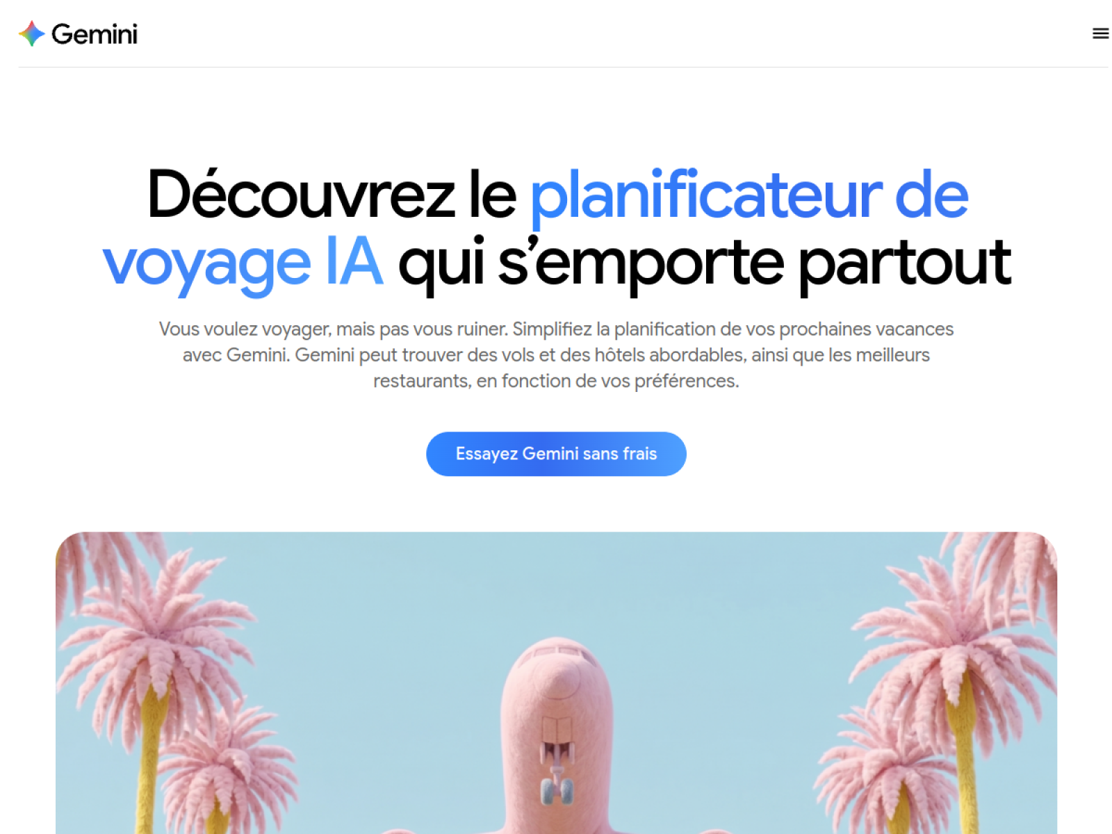 Page de présentation du planificateur de voyage IA Gemini