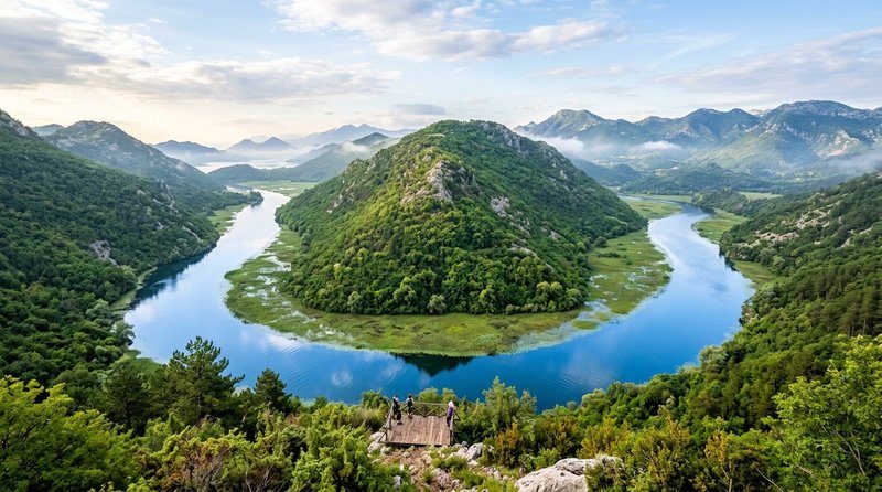 Vue panoramique depuis Pavlova Strana près de Cetinje – méandre du lac Skadar et montagnes du Monténégro