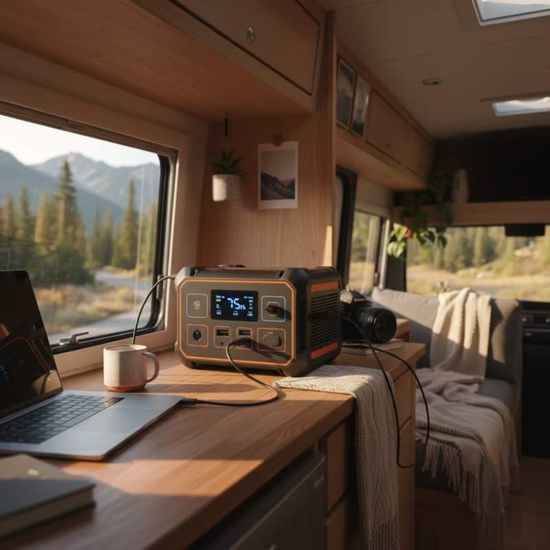 Station électrique portable alimentant un ordinateur dans un van aménagé, idéale pour le travail nomade et les voyages en autonomie.