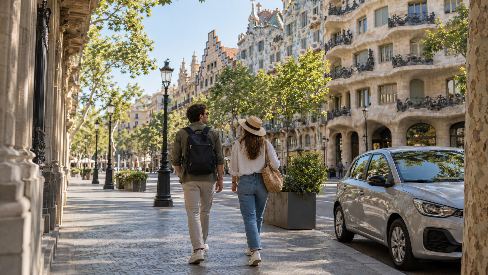 Deux voyageurs marchent sur le Passeig de Gràcia à Barcelone avant de partir vers la Costa Brava