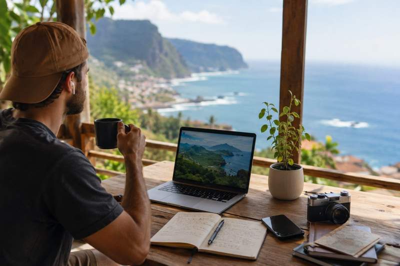 Voyageur travaillant sur son ordinateur portable face à un paysage côtier, conciliant voyage, travail à distance et loisirs numériques.