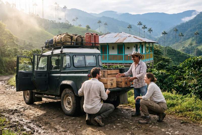 Couple de voyageurs déchargeant des vivres d'un pick-up pour un producteur de café local dans la région du Eje Cafetero, en Colombie, lors d'une étape solidaire de leur road trip.