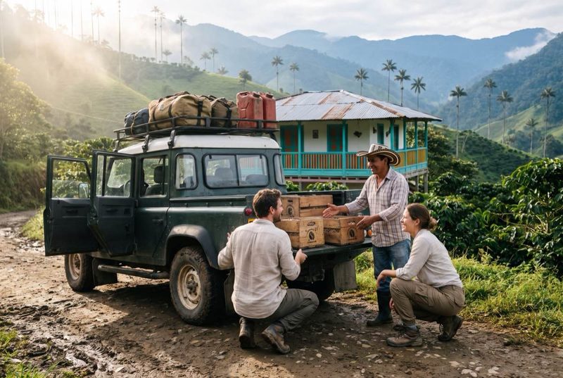Couple de voyageurs déchargeant des vivres d'un pick-up pour un producteur de café local dans la région du Eje Cafetero, en Colombie, lors d'une étape solidaire de leur road trip.