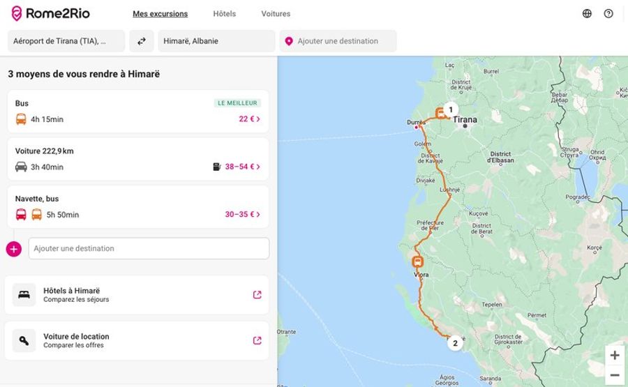 Itinéraire de Tirana à Himarë en Albanie avec options de transport en bus, voiture et navette.