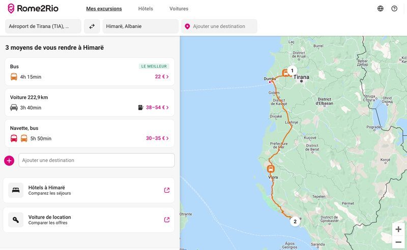 Itinéraire de Tirana à Himarë en Albanie avec options de transport en bus, voiture et navette.
