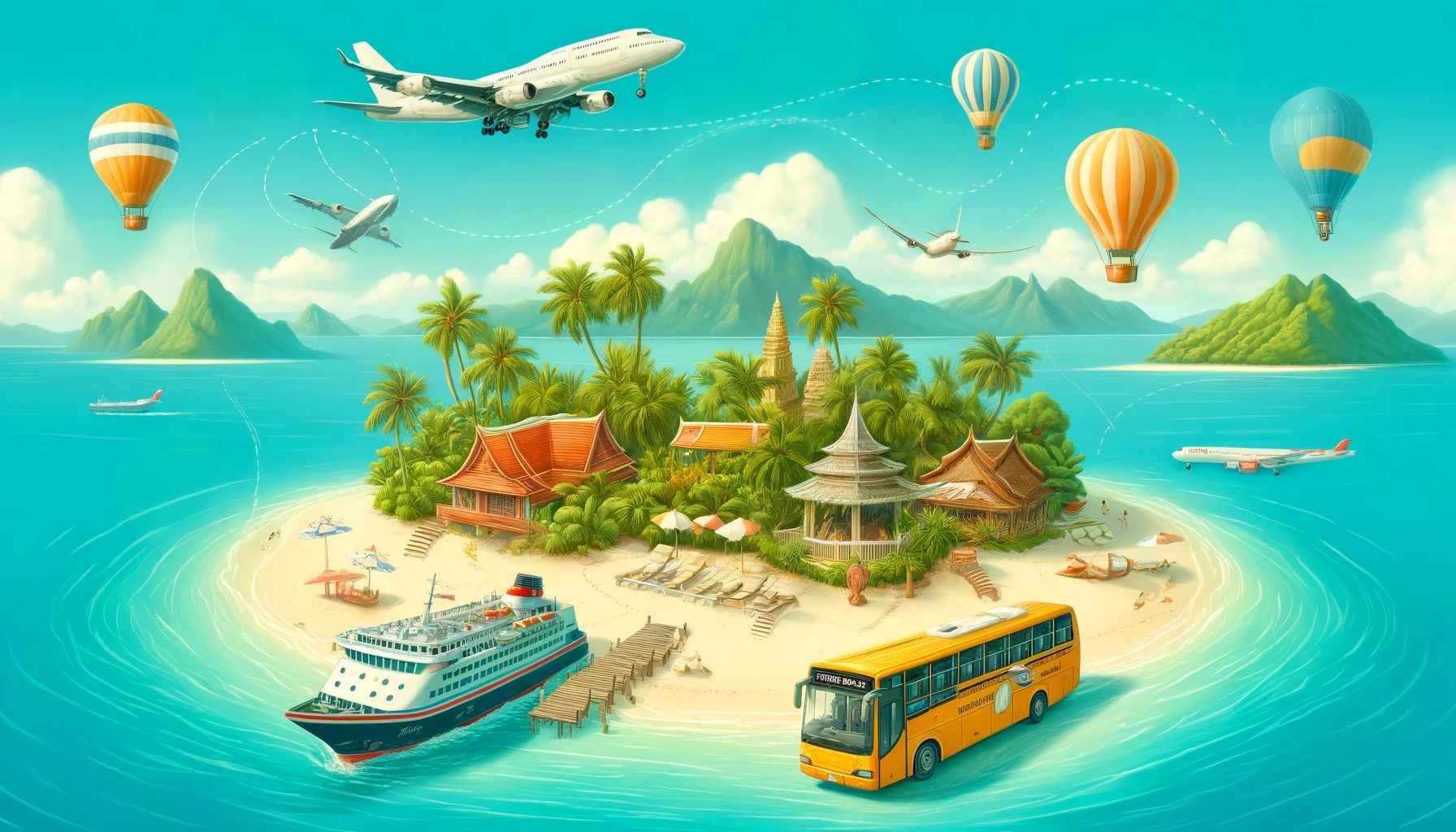 Scène de voyage illustrant différentes options pour se rendre à Koh Lipe, Thaïlande. On voit un avion atterrissant à un aéroport tropical, un ferry accostant à une jetée, et un bus touristique jaune se dirigeant vers des structures traditionnelles sur une île pittoresque.