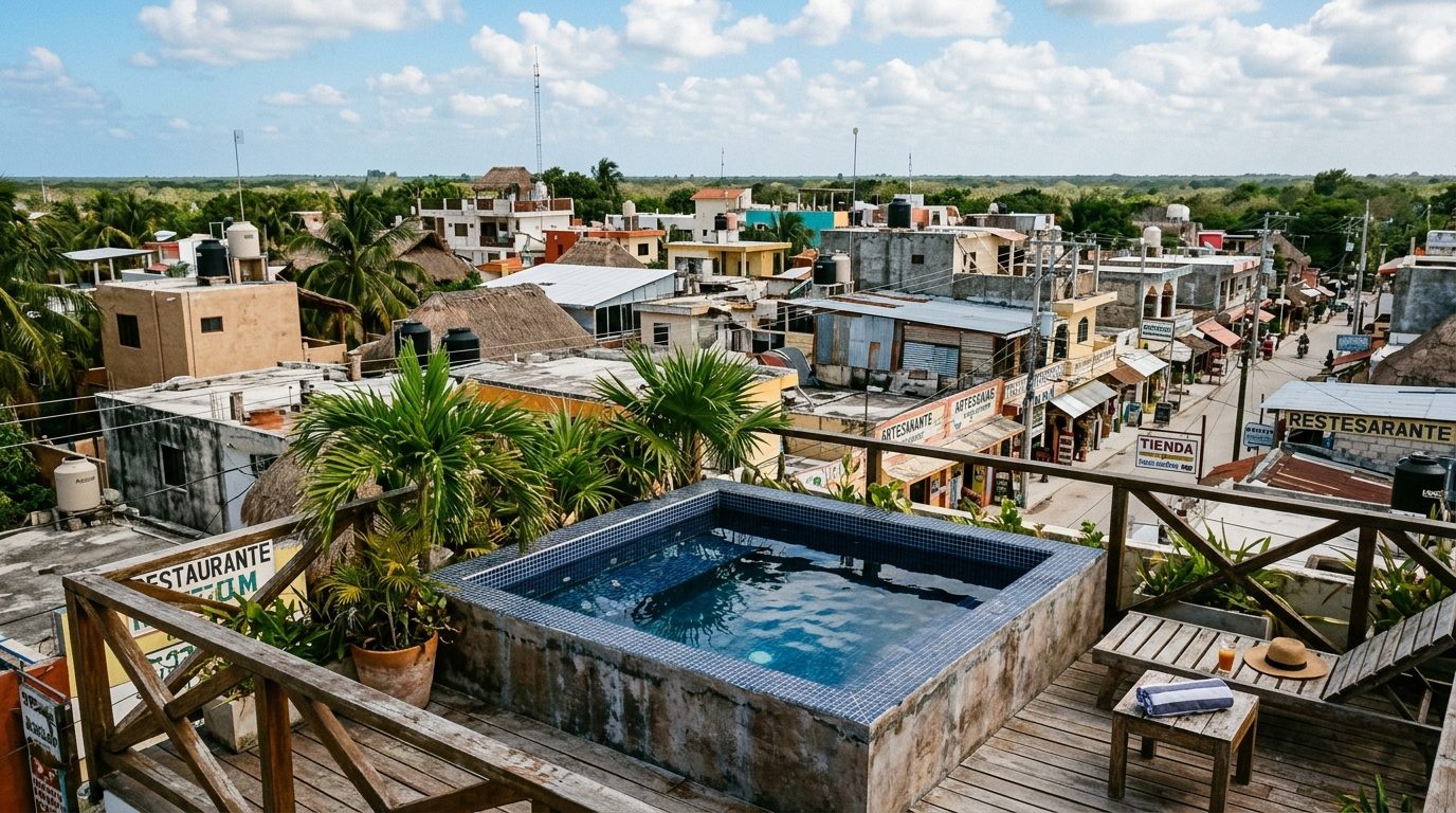 Petite piscine sur un rooftop d'hôtel en centre-ville, vue plongeante sur les toits de Tulum