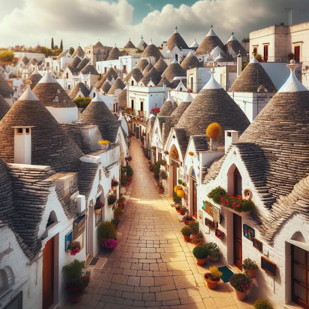 Les maisons traditionnelles en trulli à Alberobello dans les Pouilles, avec leurs toits coniques et les rues étroites blanchies à la chaux.