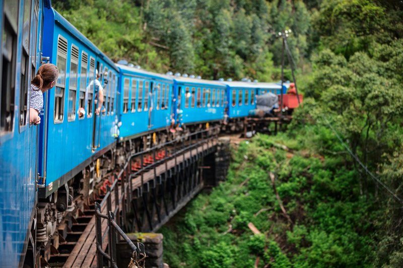 Train bleu en mouvement traversant un pont ferroviaire en bois entouré de végétation tropicale.