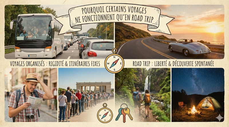 Comparaison entre voyage organisé et road trip illustrant la liberté, la continuité et la découverte spontanée sur la route