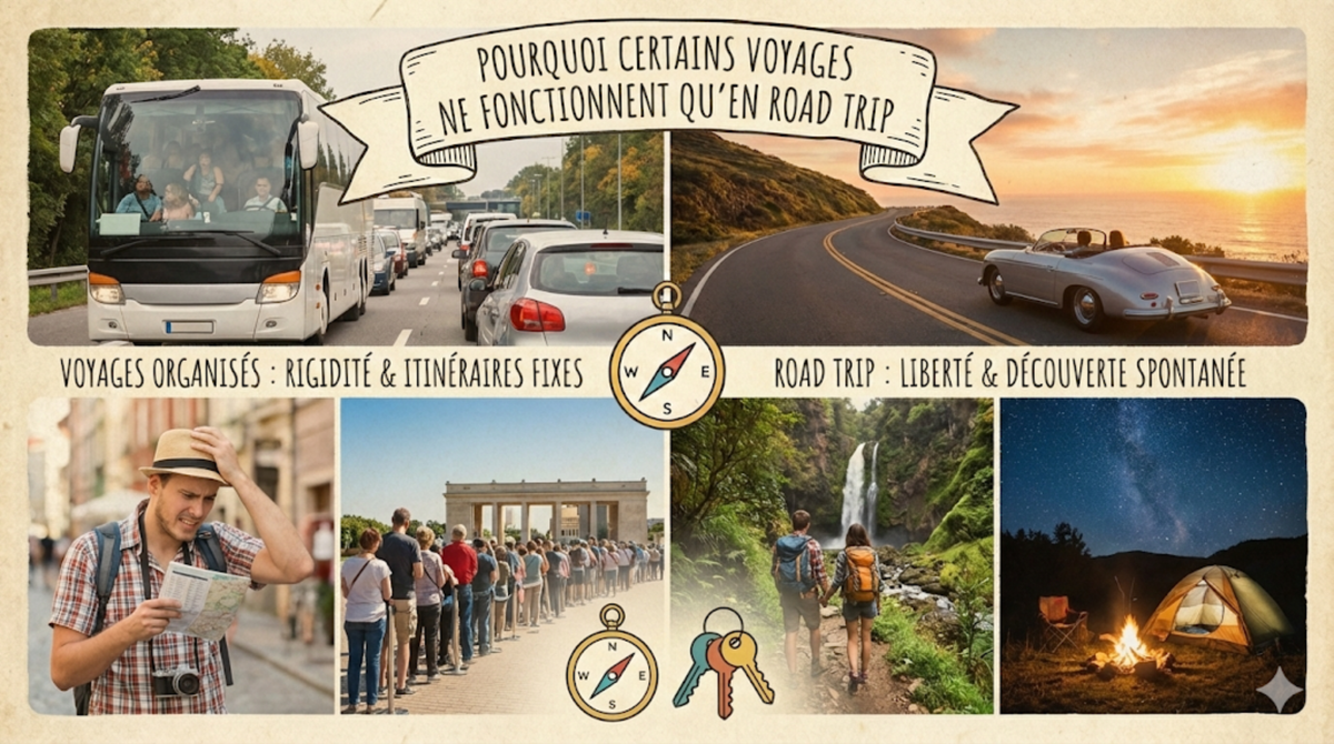 Comparaison entre voyage organisé et road trip illustrant la liberté, la continuité et la découverte spontanée sur la route