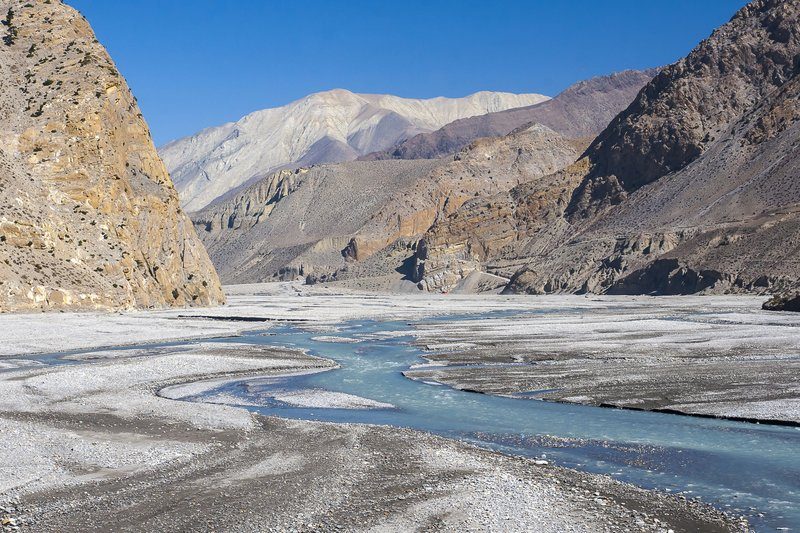 Rivière turquoise serpentant dans la vallée de la Kali Gandaki au Népal entourée de montagnes arides