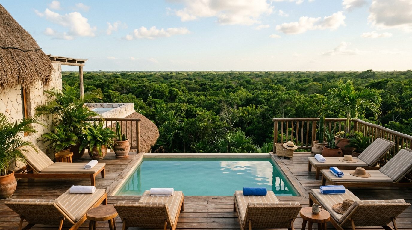 Piscine en rooftop entourée de transats, avec vue sur la canopée de la jungle de Tulum