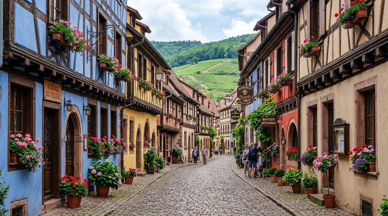 Rue pavée et maisons à colombages fleuries de Riquewihr, village incontournable du road trip en Alsace