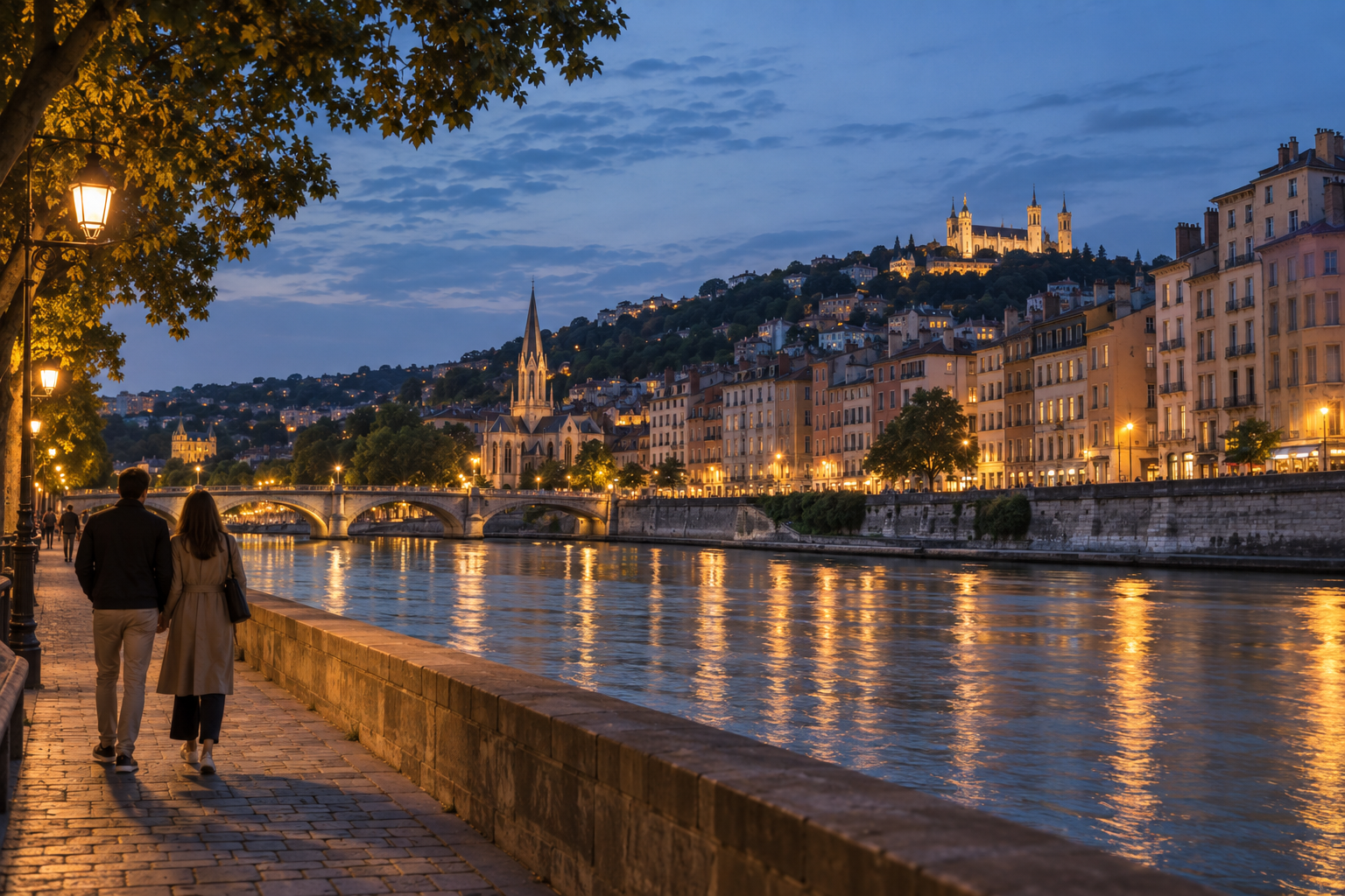 Couple marchant sur les quais de Saône à Lyon à la tombée du jour