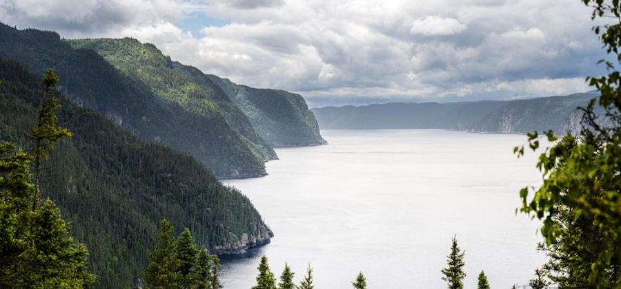 Paysage spectaculaire du fjord du Saguenay avec ses falaises boisées plongeant dans l’eau calme.