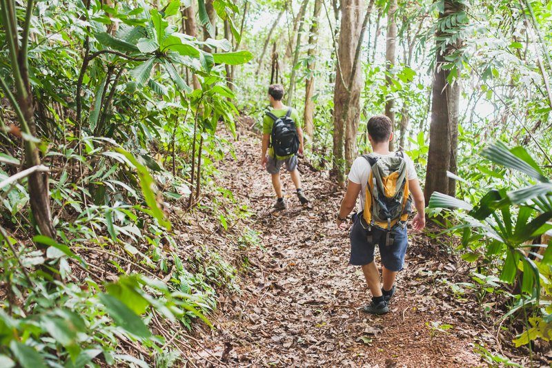 Deux randonneurs marchent sur un sentier en pleine jungle tropicale aux îles Perhentian.