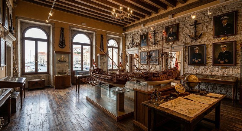 Intérieur du musée maritime Sergej Mašera de Piran avec maquettes de voiliers, cartes anciennes et portraits de capitaines