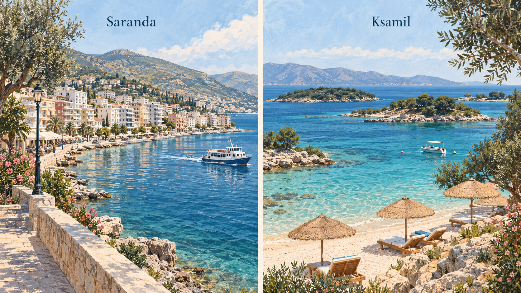 Illustration en diptyque représentant le front de mer de Saranda avec un bateau, et une plage de Ksamil avec des parasols et des îlots.