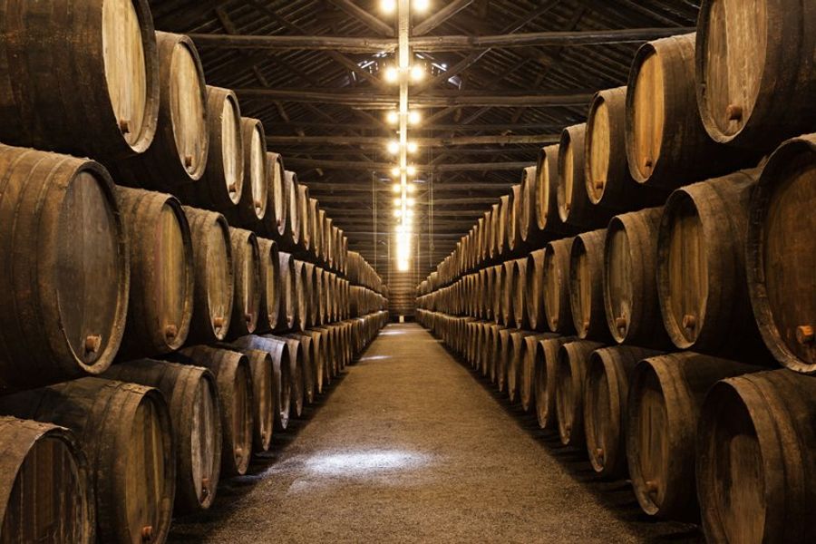Alignement de tonneaux dans les caves à vin de Porto, à Vila Nova de Gaia.