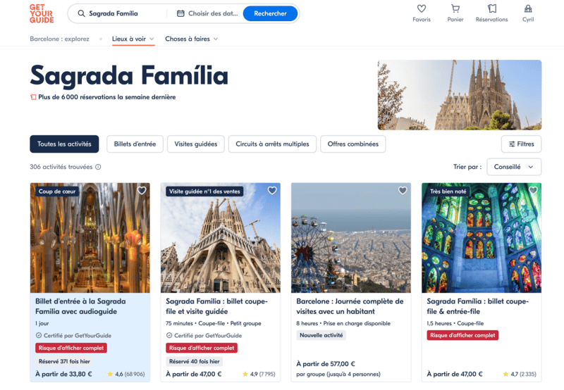Page de réservation GetYourGuide pour la Sagrada Familia.