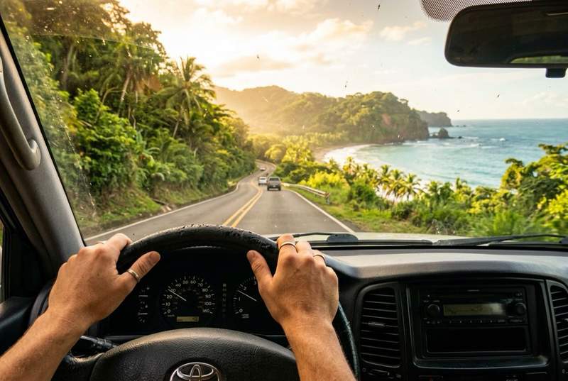 Vue depuis le volant d'une voiture de location sur une route côtière du Costa Rica au coucher du soleil, road trip dans la péninsule de Nicoya