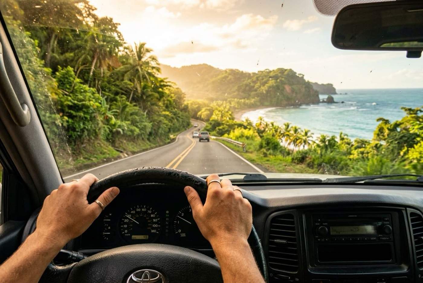 Vue depuis le volant d'une voiture de location sur une route côtière du Costa Rica au coucher du soleil, road trip dans la péninsule de Nicoya