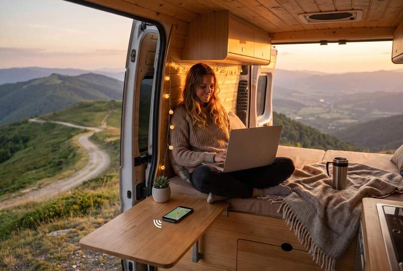 Voyageuse connectée à Internet en travaillant sur son ordinateur portable à l'intérieur d'un van aménagé, avec vue panoramique sur les montagnes pendant un road trip.
