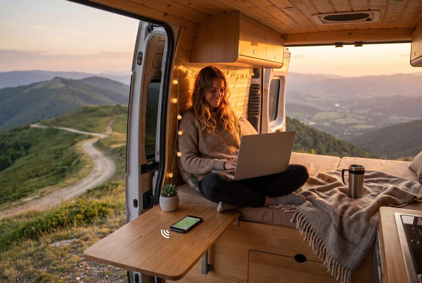 Voyageuse connectée à Internet en travaillant sur son ordinateur portable à l'intérieur d'un van aménagé, avec vue panoramique sur les montagnes pendant un road trip.