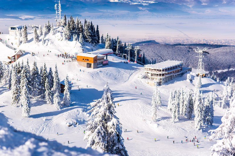 Station de ski animée avec pistes enneigées, skieurs et bâtiments entourés de sapins.