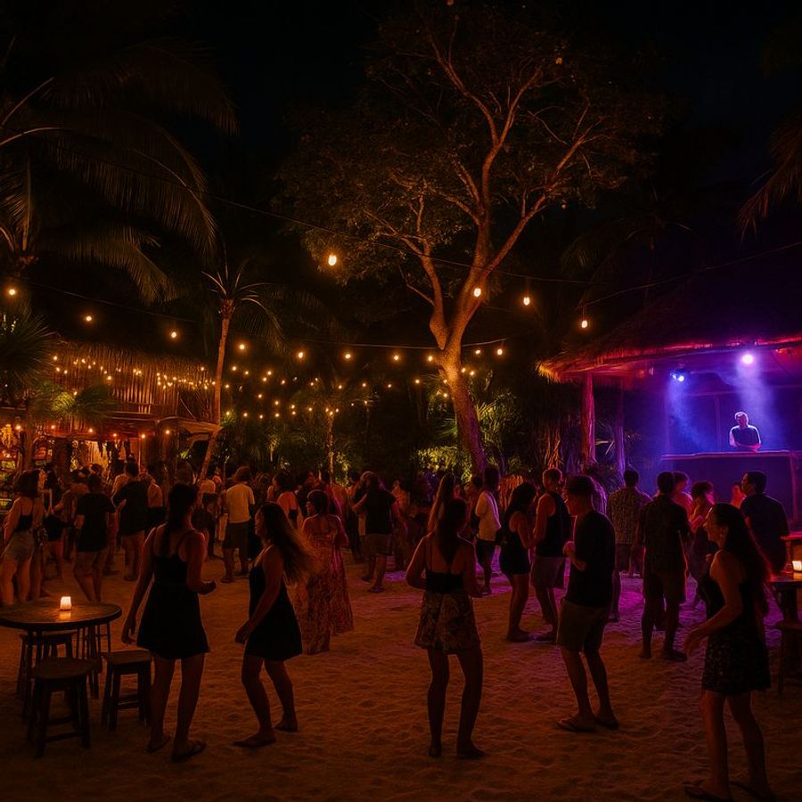 Ambiance festive de nuit à Tulum avec des gens dansant sur du sable sous des guirlandes lumineuses et un DJ sur scène.