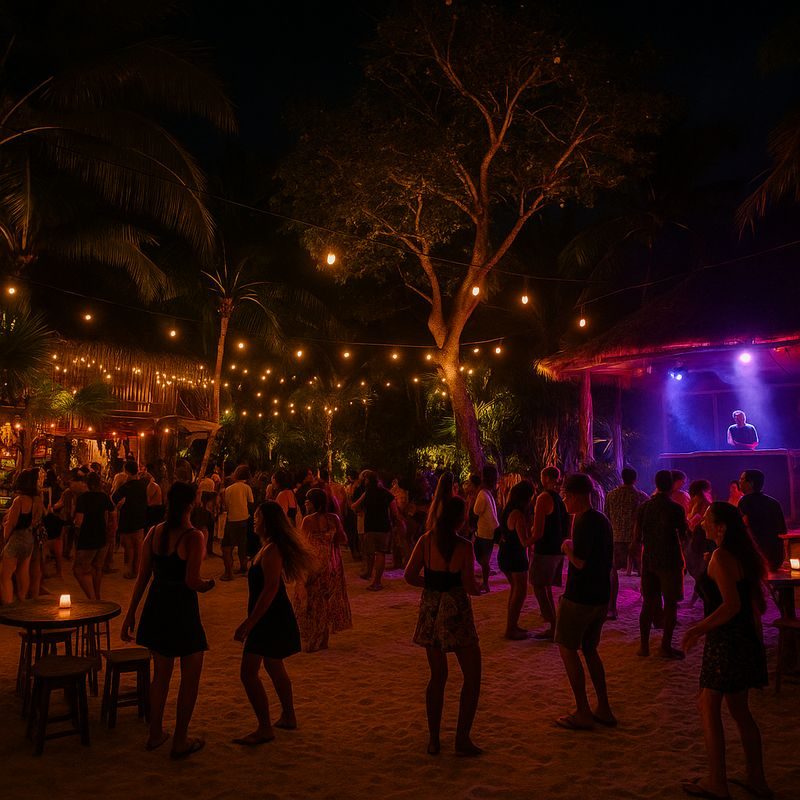 Ambiance festive de nuit à Tulum avec des gens dansant sur du sable sous des guirlandes lumineuses et un DJ sur scène.