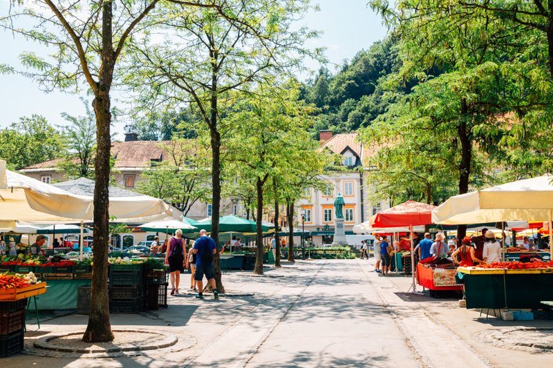 Marché central de Ljubljana avec étals de fruits et légumes en plein air