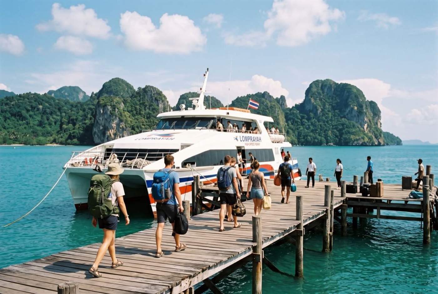 Passagers embarquant sur le ferry catamaran Lomprayah sur le ponton en bois de Koh Phangan, dans le golfe de Thaïlande.