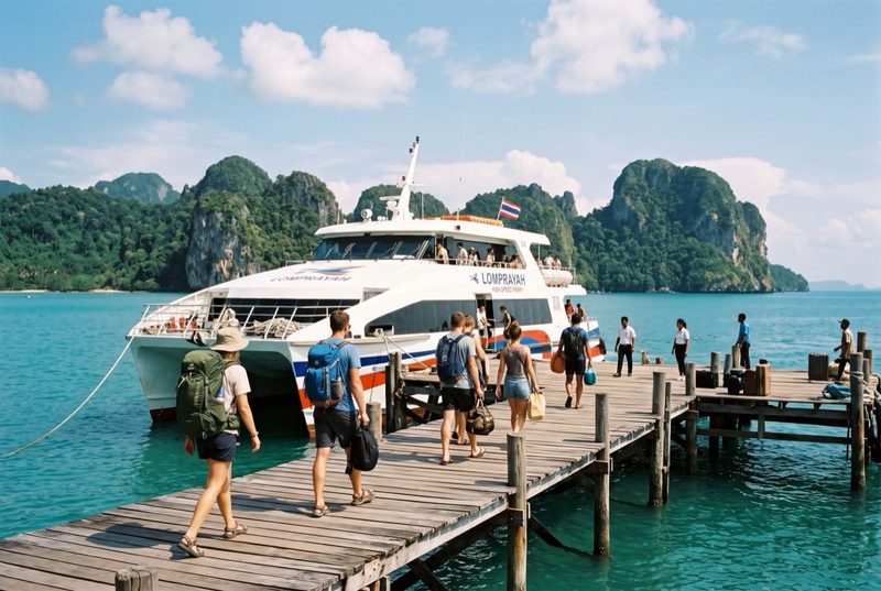 Passagers embarquant sur le ferry catamaran Lomprayah sur le ponton en bois de Koh Phangan, dans le golfe de Thaïlande.