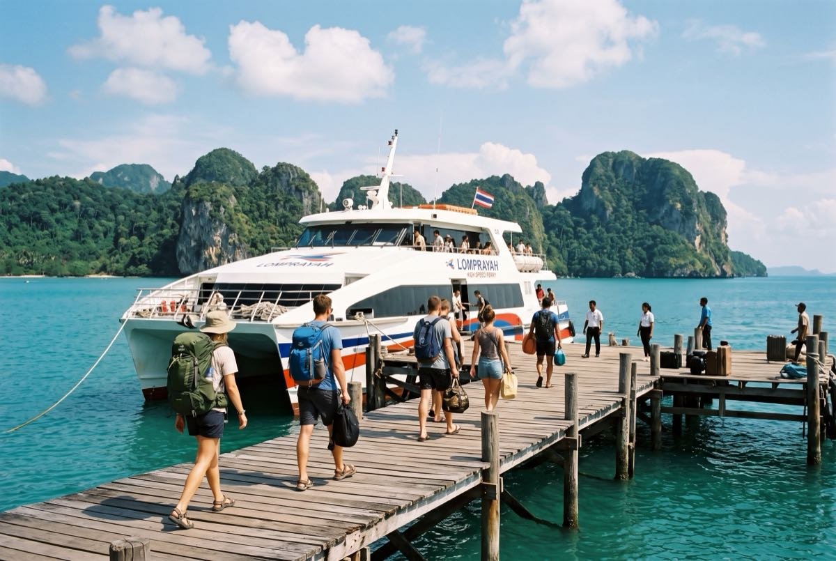 Passagers embarquant sur le ferry catamaran Lomprayah sur le ponton en bois de Koh Phangan, dans le golfe de Thaïlande.