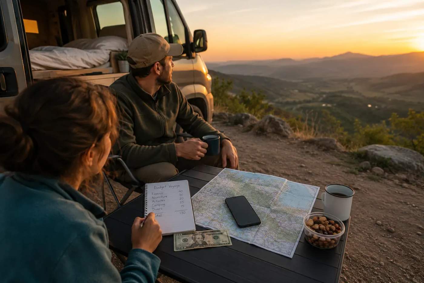 Couple en road trip préparant son budget voyage devant un van au coucher du soleil.