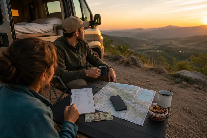 Couple en road trip préparant son budget voyage devant un van au coucher du soleil.