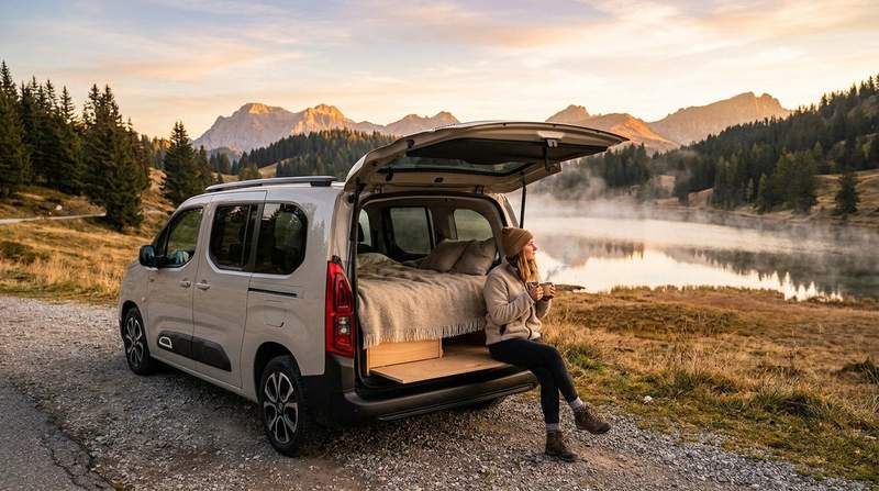 Citroën Berlingo aménagé avec lit et hayon ouvert face à un lac de montagne au lever du soleil