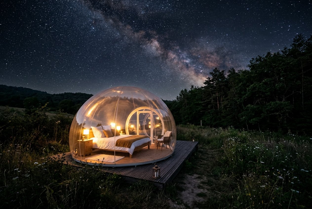 Bulle transparente éclairée dans un champ au crépuscule, pour une nuit insolite lors d’un road trip en France.