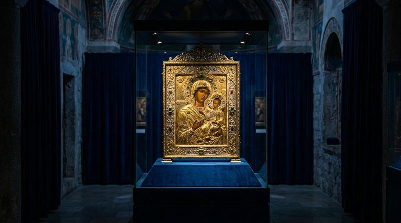 Icône de la Vierge Philerme exposée dans le monastère de Cetinje, trésor orthodoxe du Monténégro