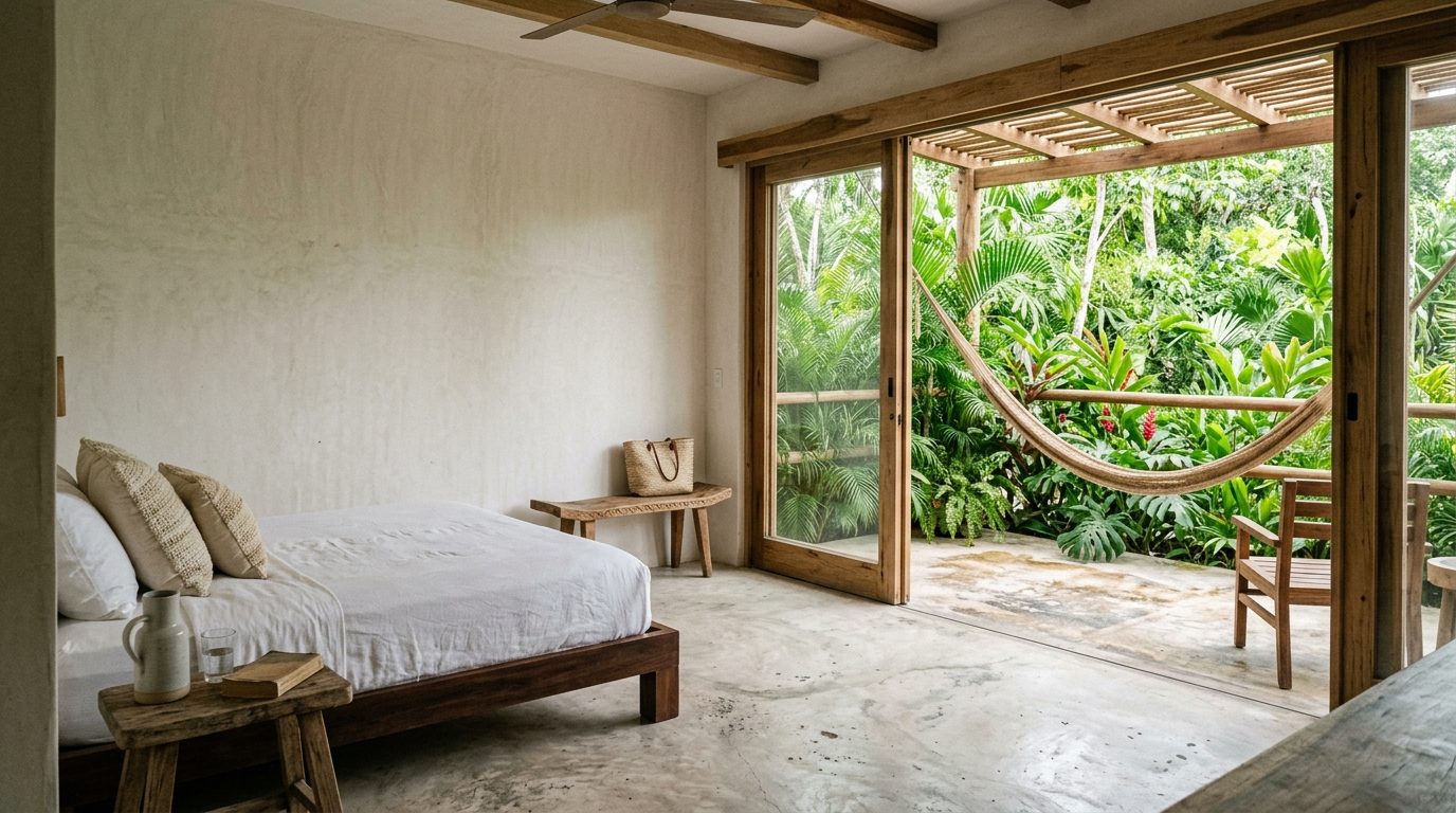 Chambre au design minimaliste, mobilier en bois brut et vue sur un jardin tropical dense