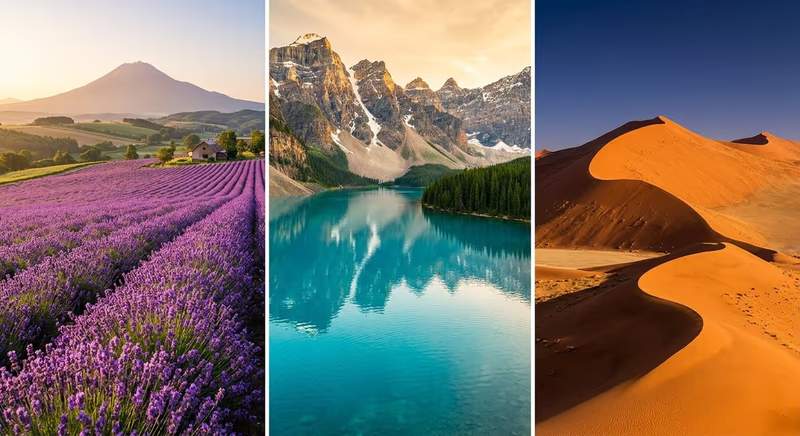 Collage de trois destinations fraîches pour l'été 2026 : champs de lavande en Provence avec mont Fuji, lac Moraine aux eaux turquoise dans les Rocheuses canadiennes, et dunes de sable rouge du désert de Namibie