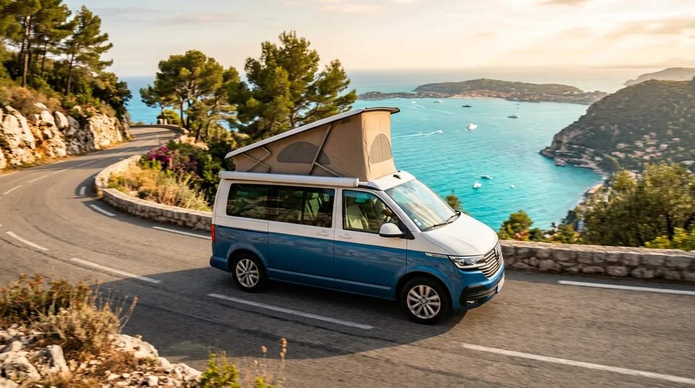 Comparatif des meilleurs sites de location de van aménagé en France, un van Volkswagen California bleu sur une route côtière au coucher du soleil.