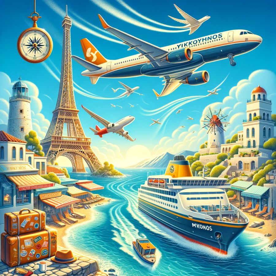 Illustration de vols et bateaux depuis la France en direction de Mykonos