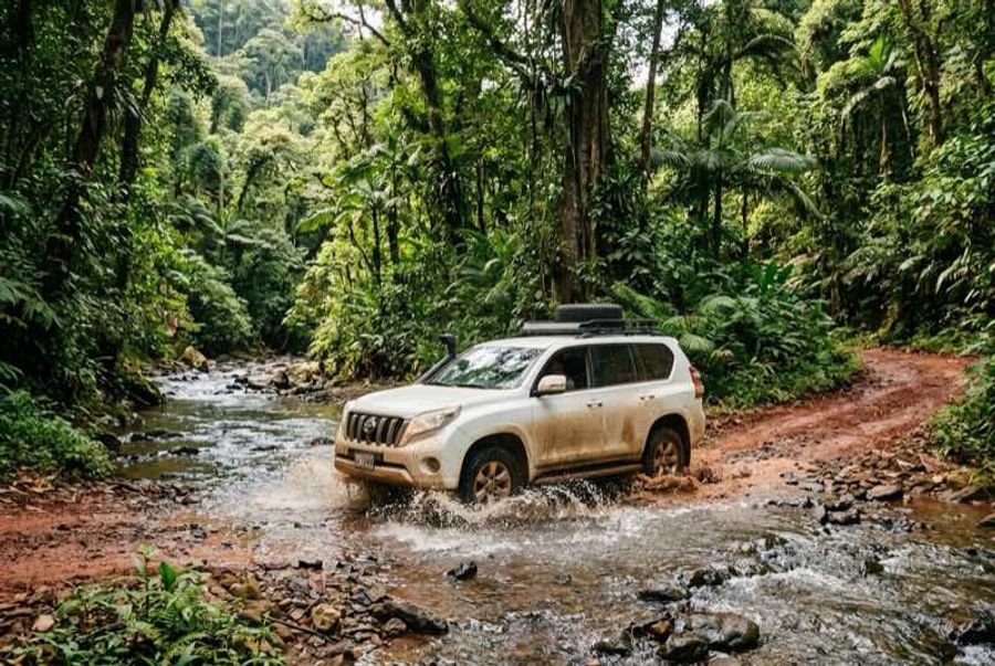 Voiture de location 4x4 traversant un gué sur une piste en terre dans la jungle du Costa Rica