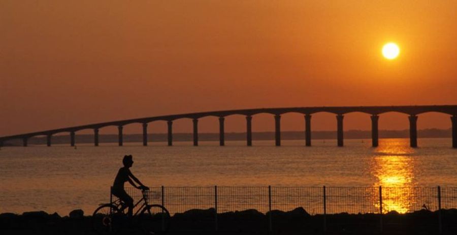 Cycliste en silhouette au coucher de soleil face au pont de l